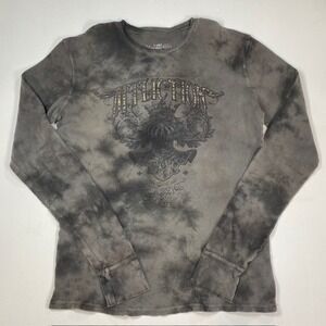Affliction Mens XL Grey Tie Dye Graphic Thermal Long Sleeve Waffle Knit Shirt US